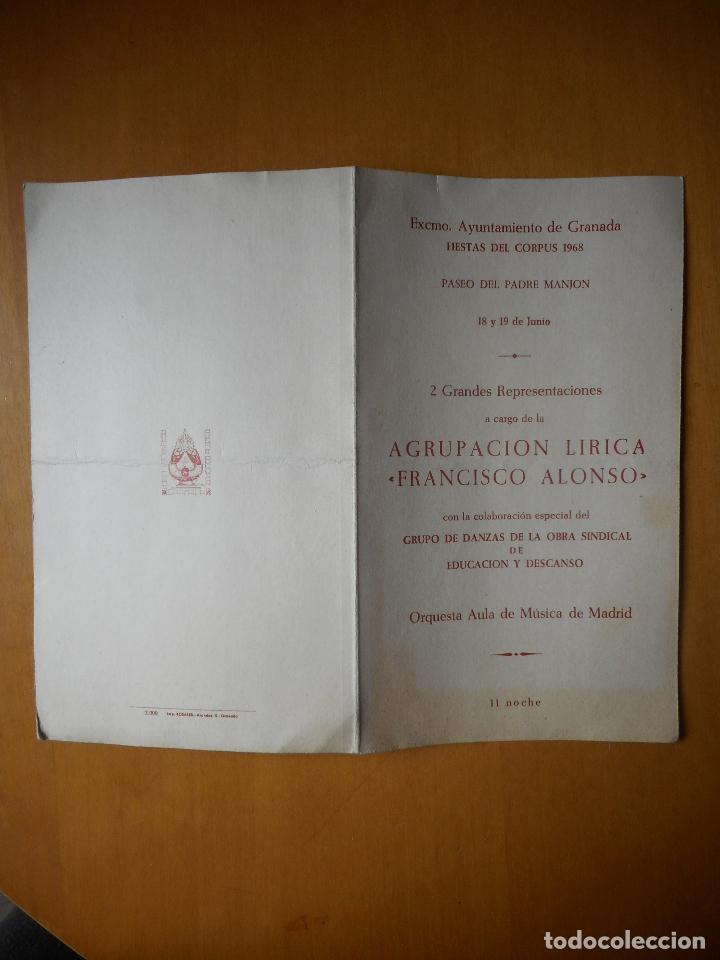 Coleccionismo: Folleto Grandes Representaciones Agrupaci&oacute;n L&iacute;rica Francisco Alonso. Corpus 1968 Granada