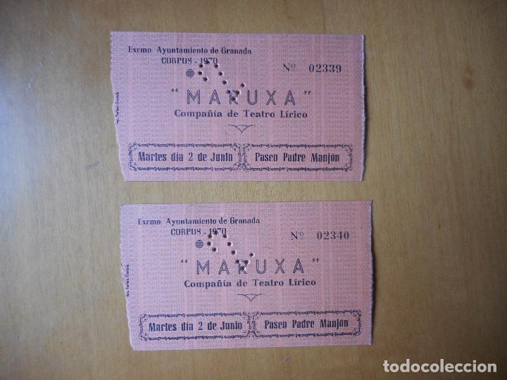 Coleccionismo: Lote dos entradas Maruxa. Compa&ntilde;&iacute;a de Teatro L&iacute;rico. Corpus Granada 1970