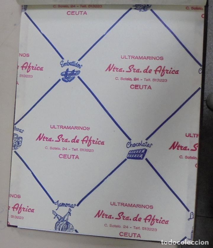 Sammelleidenschaft Papier: PLIEGO DE PAPEL. ULTRAMARINOS NTRA. SRA. DE AFRICA. CHOCOLATES, EMBUTIDOS. CEUTA .35 X 28CM