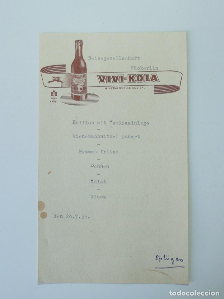 Coleccionismo: MENU DE RESTAURANTE SUIZO 1955, PUBLICIDAD VIVI-KOLA