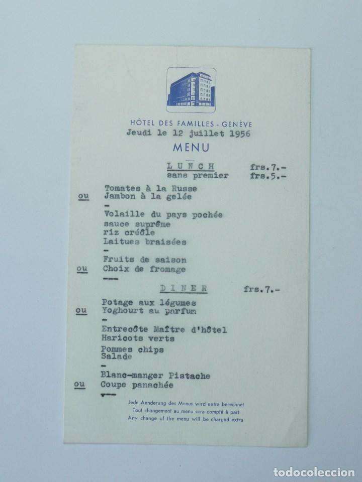 Coleccionismo: MENU RESTAURANTE HOTEL DES FAMILLES EN GEN&Egrave;VE, SUIZA- 1956