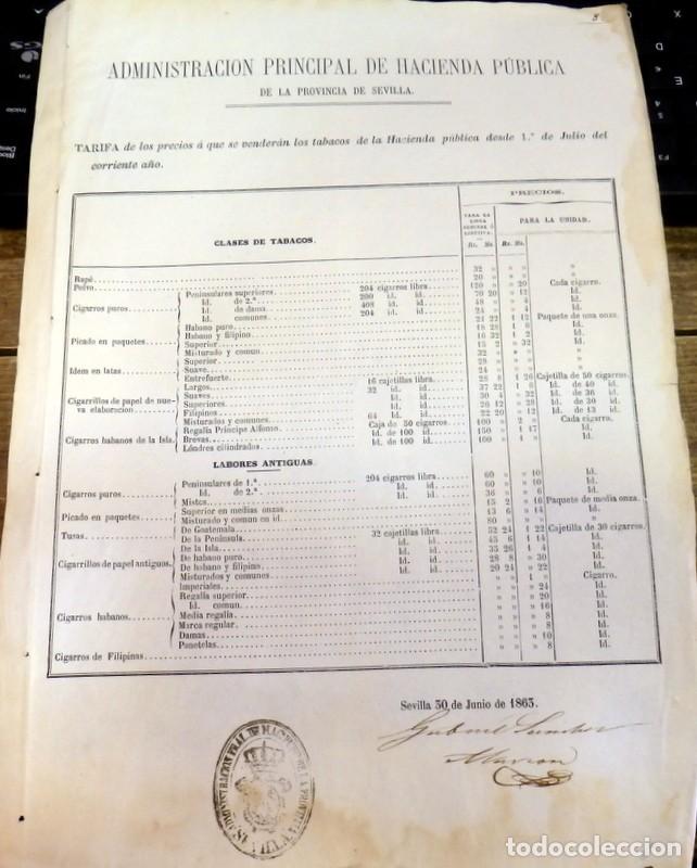 Coleccionismo: SEVILLA, 1863, TARIFA PRECIOS DE VENTA DE TABACO, 22X31 CMS - Foto 1