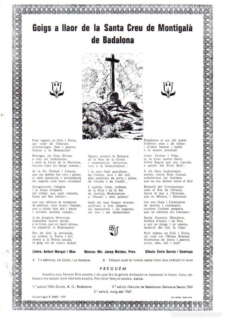 Collezionismo: GOIGS A LLAOR DE LA SANTA CREU DE MONTIGAL&Agrave; DE BADALONA (1969)
