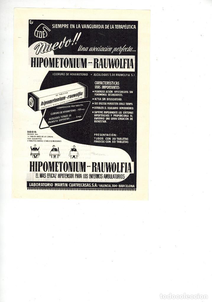 Coleccionismo: A&Ntilde;O 1955 RECORTE PUBLICIDAD FARMACIA HIPOMETONIUM RAUWOLFIA LABORATORIO CUATRECASAS MEFENESIN HOSBON