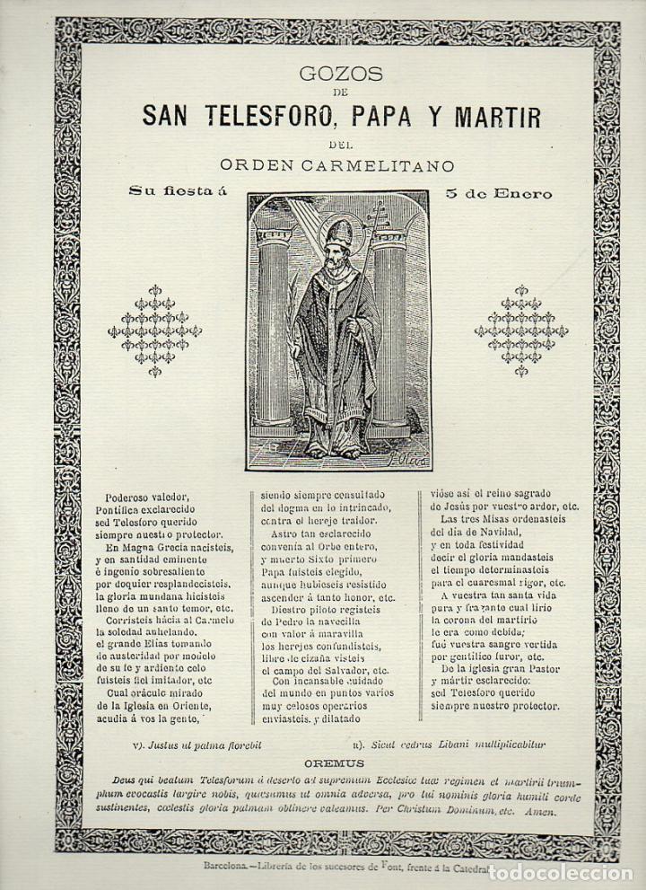 Collezionismo: GOIGS GOZOS A SAN TELESFORO, PAPA Y M&Aacute;RTIR DEL ORDEN CARMELITANO (SUC. DE FONT, S.F.)