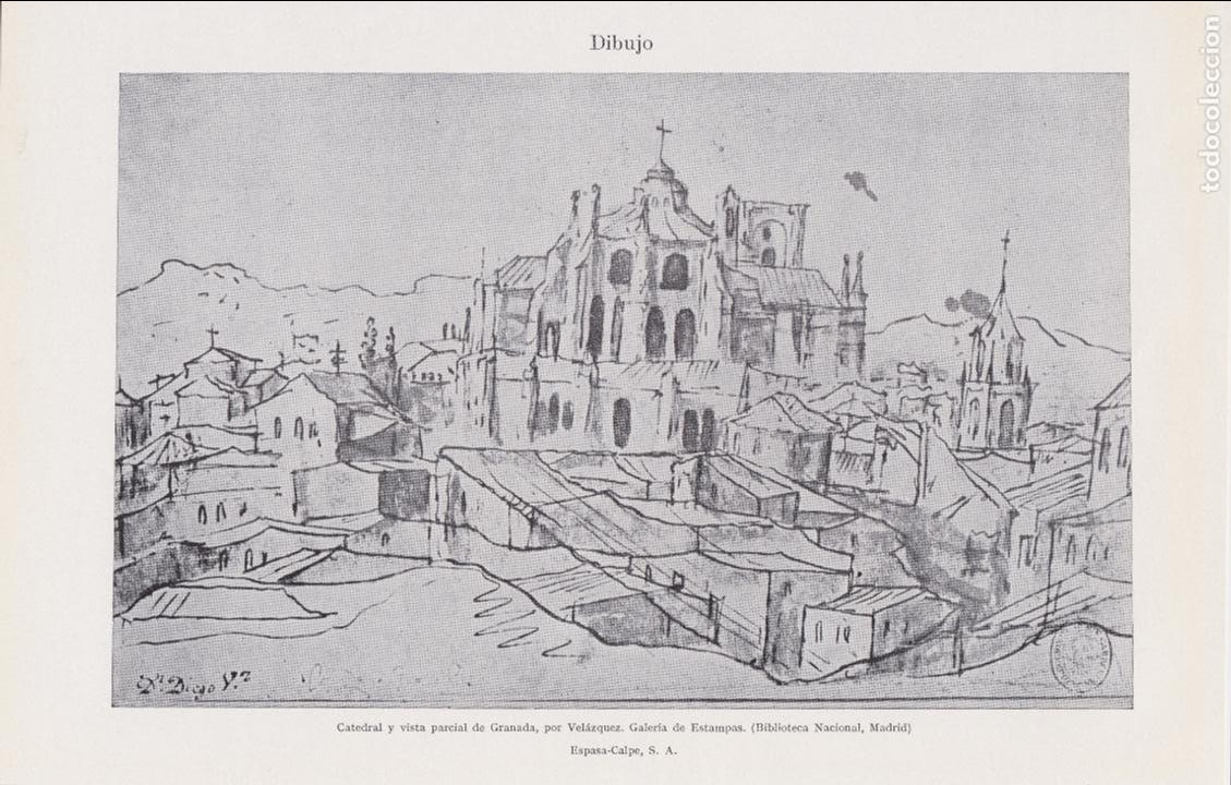 Coleccionismo: Catedral y vista parcial de Granada / dibujo de Vel&aacute;zquez, Galer&iacute;a de Estampas BN