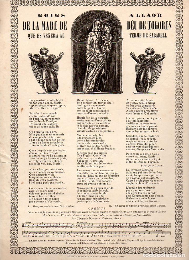 Sammelleidenschaft Papier: GOIGS DE LA MARE DE D&Eacute;U DE TOGORES - SABADELL (IMP. SALLENT, S.F.)