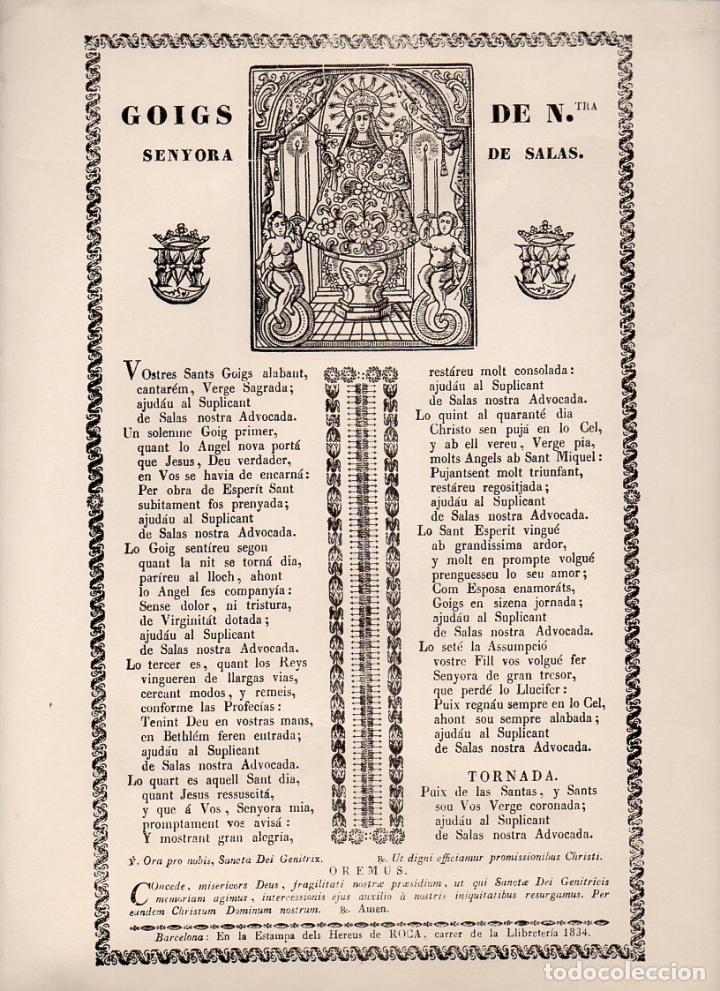Collezionismo: GOIGS NTRA. SRA. DE SALAS (IMP. ROCA, 1834) - FACSIMIL