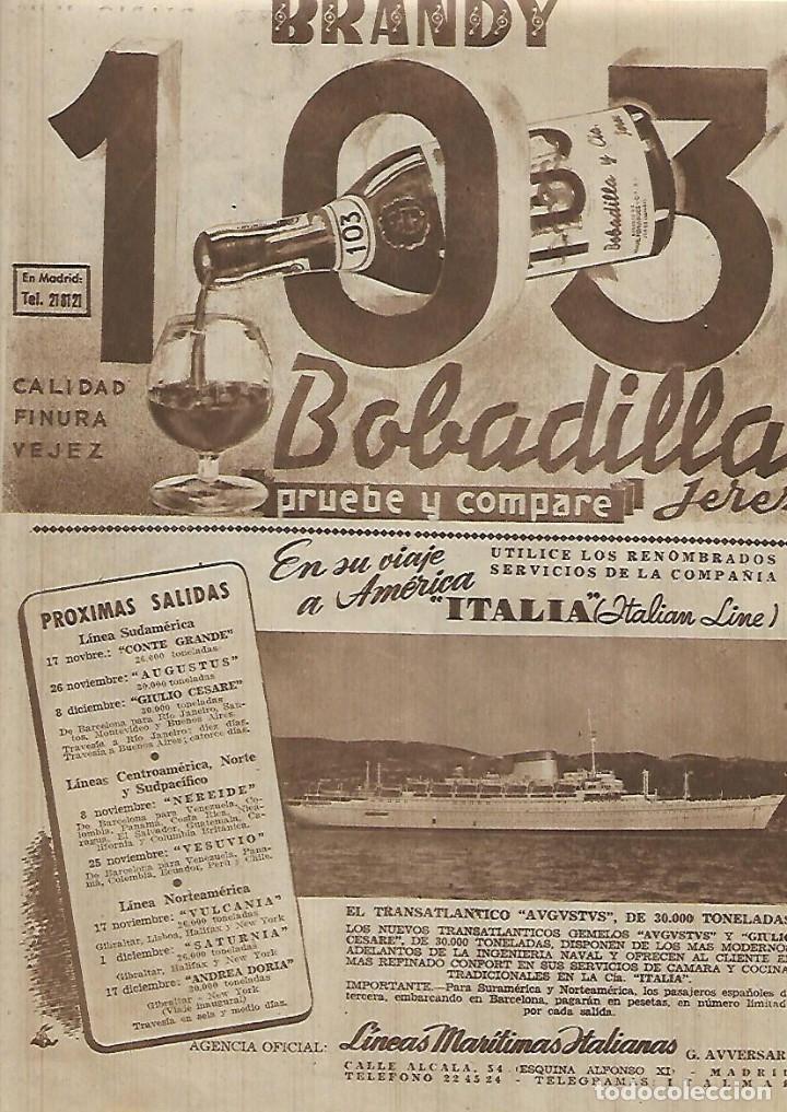 Coleccionismo: A&Ntilde;O 1952 PUBLICIDAD BEBIDAS BRANDY 103 BOBADILLA JEREZ TRANSATLANTICO AVGVSTVS ITALIAN LINE MARINA