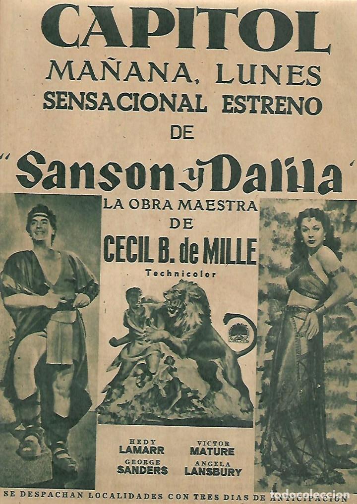 Colecionismo: A&Ntilde;O 1952 RECORTE PRENSA CINE CAPITOL ESTRENO PELICULA SANSON Y DALILA