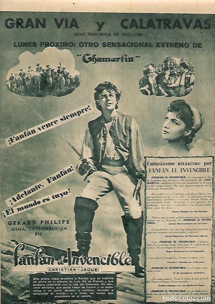 Collectionnisme: A&Ntilde;O 1952 RECORTE PRENSA PUBLICIDAD CINE GRAN VIA Y CALATRAVAS ESTRENO PELICULA FANFAN EL INVENCIBLE
