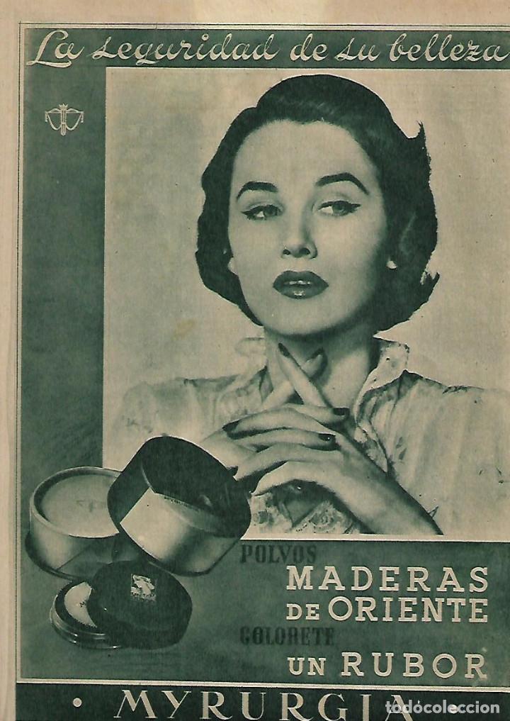 AÑO 1952 RECORTE PRENSA PUBLICIDAD COSMETICA MYRURGIA POLVOS MADERAS DE ORIENTE COLORETE RUBOR (Coleccionismo - Laminas, Programas y Otros Documentos)