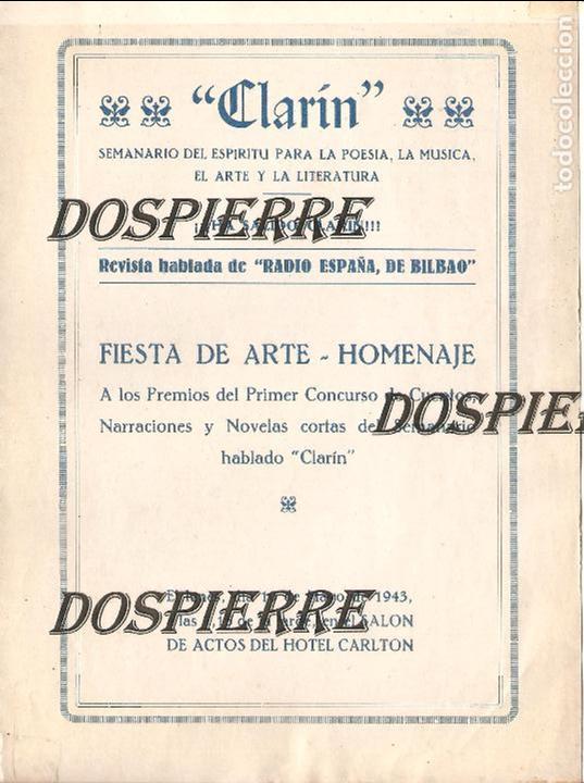 Coleccionismo: CLAR&Iacute;N- SEMANARIO DE POES&Iacute;A M&Uacute;SICA Y ARTE, CONVOCATORIA CONCURSO CUENTOS Y NARRACIONES, BILBAO-1943