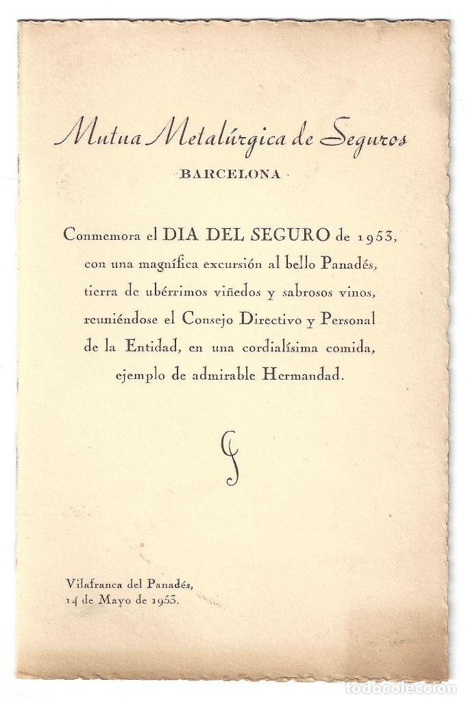 Coleccionismo: MEN&Uacute; MUTUA METAL&Uacute;RGICA DE SEGUROS, RESTAURANTE PARQUE T&Iacute;VOLI. VILAFRANCA DEL PANAD&Eacute;S- 1953