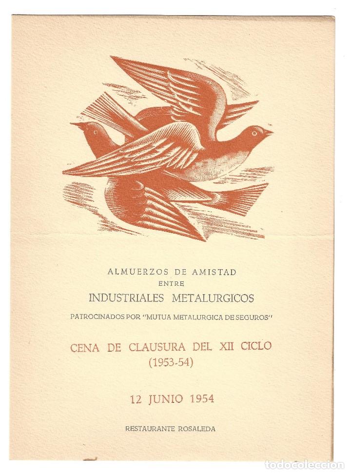 Coleccionismo: TARJET&Oacute;N CON MEN&Uacute; DE CENA DE CLAUSURA INDUSTRIALES METAL&Uacute;RGICOS. RESTAURANTE ROSALEDA- 1954