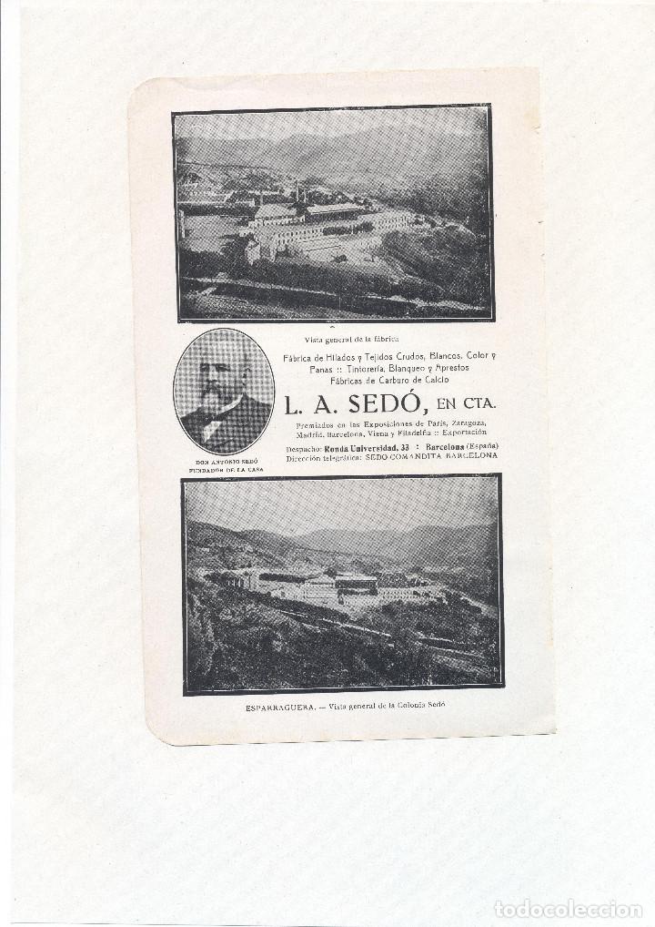 Sammelleidenschaft Papier: A&Ntilde;O 1915 HOJA PUBLICIDAD FABRICA COLONIA SEDO ESPARREGUERA TEXTIL HILADOS Y TEJIDOS CABURO DE CALCIO