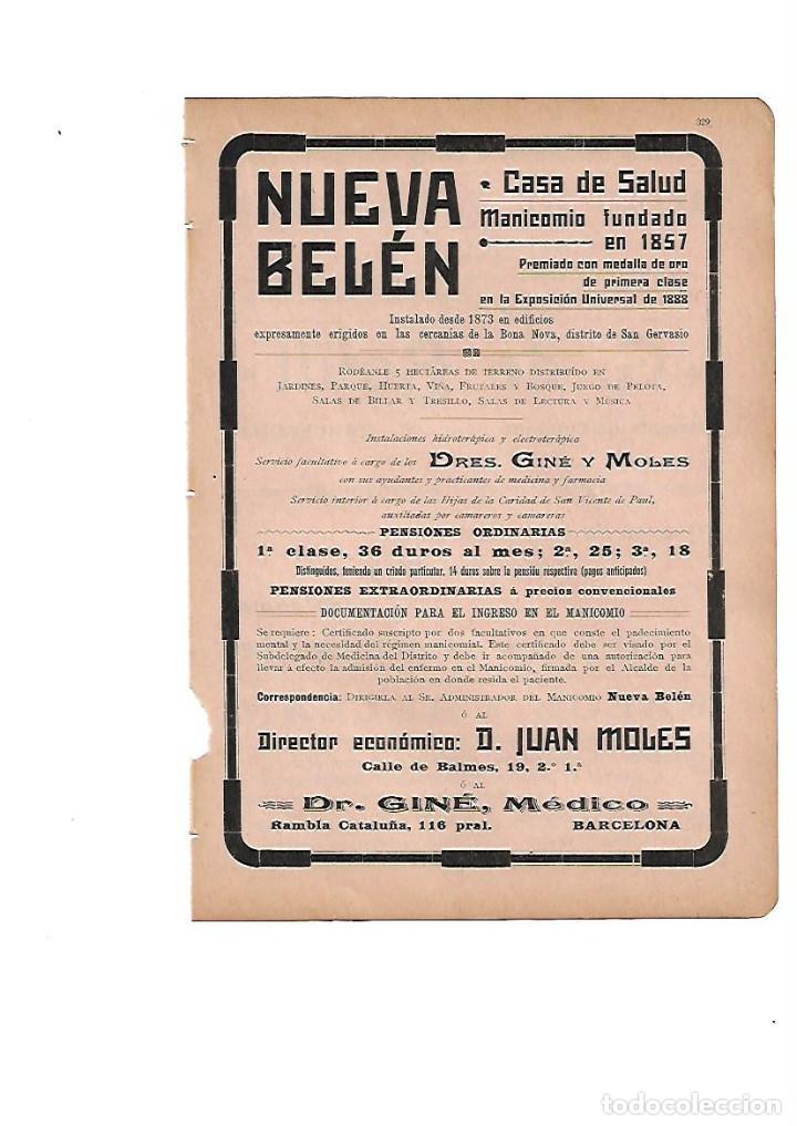 Colecionismo: A&Ntilde;O 1910 PUBLICIDAD NUEVA BELEN CASA DE SALUD MANICOMIO DOCTOR GINE MOLES MEDICO BARCELONA