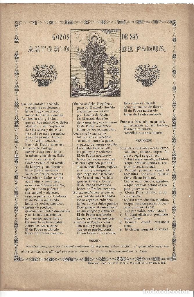 Coleccionismo: GOZOS.- SAN ANTONIO DE PADUA, IMP. H. VDA. PLA, BARCELONA- 1887