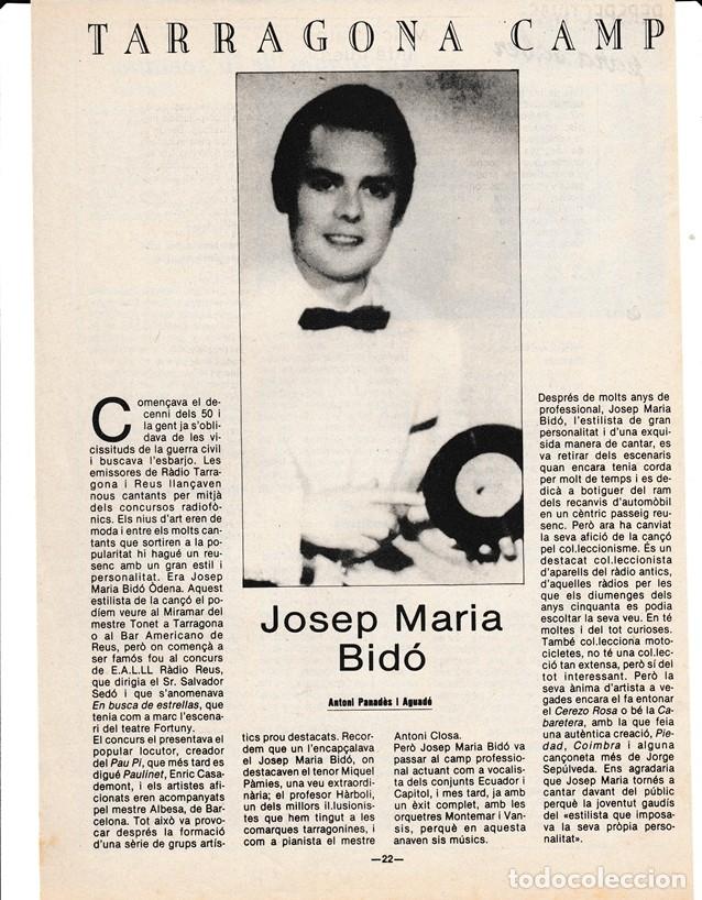 Coleccionismo: TARRAGONA CAMP - JOSEP MARIA BIDO - CANTANTE - HOJA RECORTADA - A&Ntilde;OS 70/80