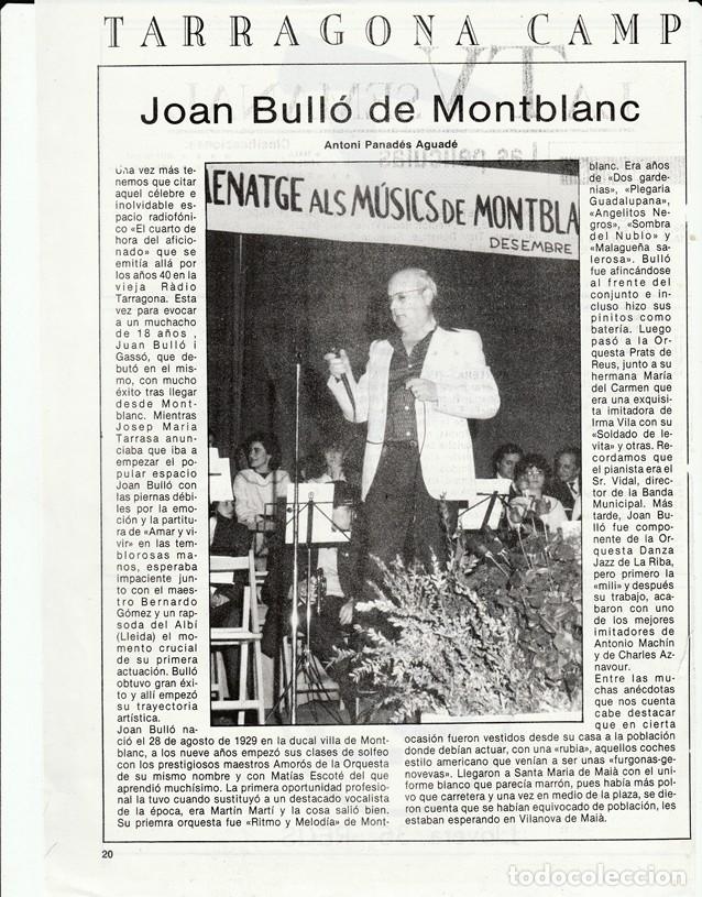 Coleccionismo: TARRAGONA CAMP - JOAN BULLO DE MONTBLANC - MUSICA - CURIOSIDADES - HOJA RECORTADA - A&Ntilde;OS 70/80