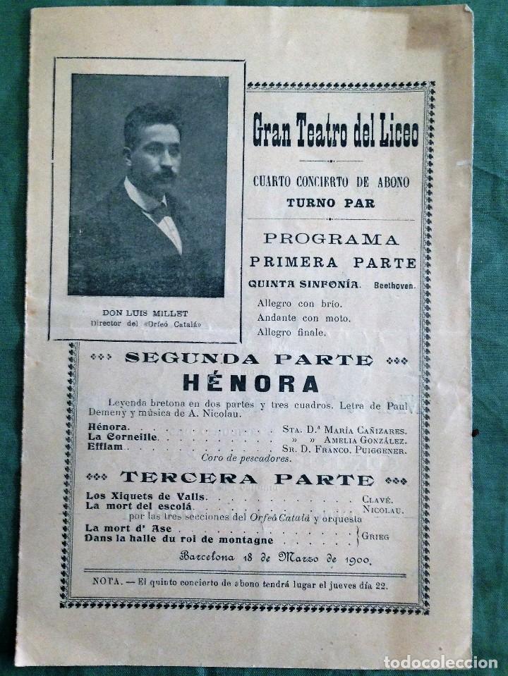 Coleccionismo: PROGRAMA DEL 18 DE MARZO DE 1900 - GRAN TEATRO DEL LICEO - - Foto 2