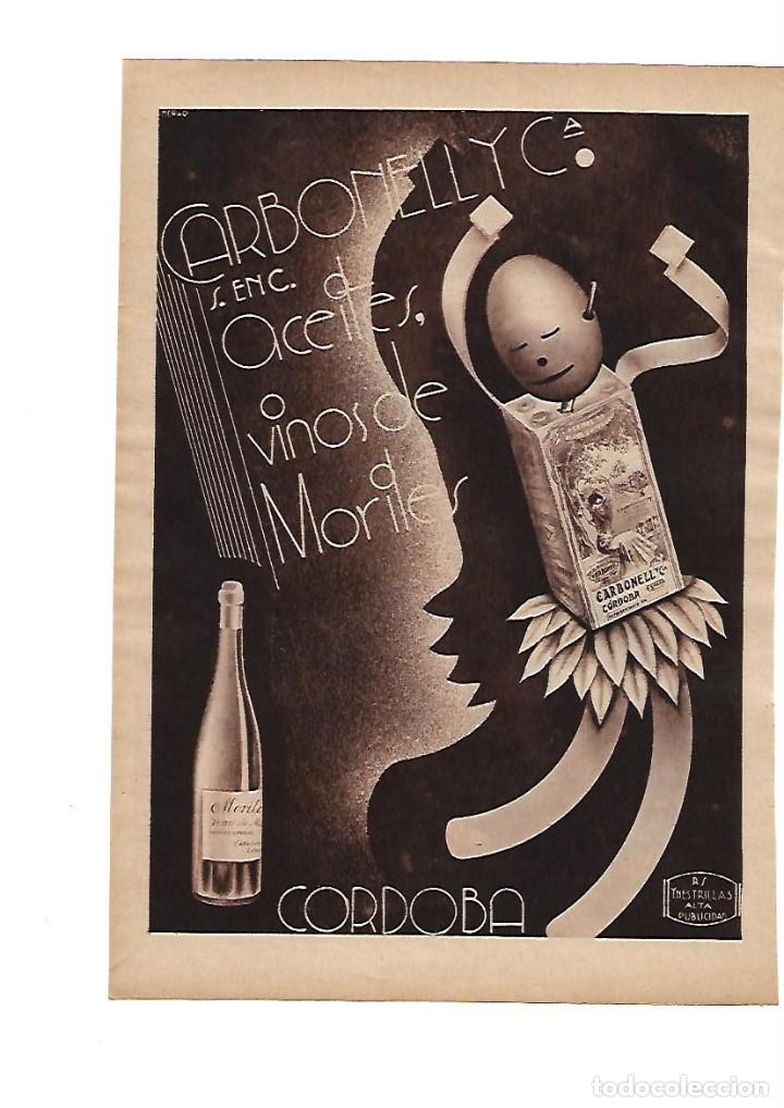 Collectionnisme: A&Ntilde;O 1933 RECORTE PRENSA PUBLICIAD ACEITE VINOS DE MORILES CARBONELL CORDOBA
