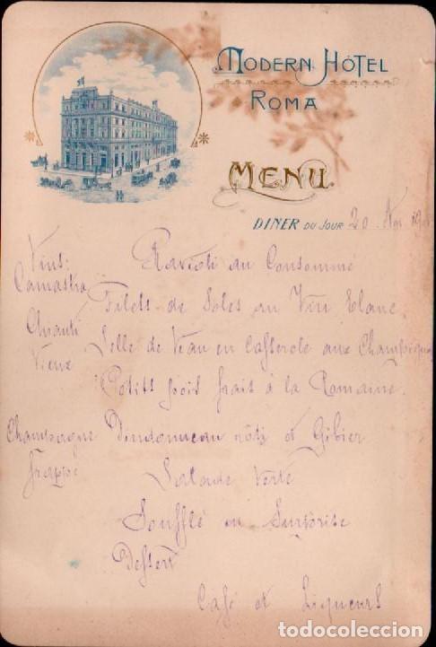 Coleccionismo: L26-3 Antigua TARJETA - MENU, Diner du Jour del H&Ocirc;TEL MODERNE ROME  ANN&Eacute;E 1905