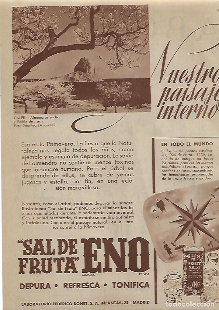 Collectionnisme: A&Ntilde;O 1954 RECORTE PRENSA PUBLICIDAD SAL DE FRUTA ENO  FOTOGRAFIA CALPE PE&Ntilde;ON DE IFACH