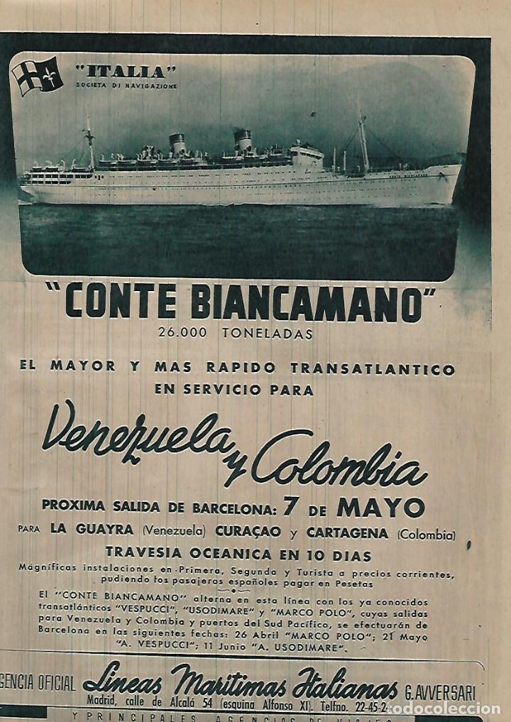 Collectionnisme: A&Ntilde;O 1954 RECORTE PRENSA PUBLICIDAD TRANSATLANTICO CONTE BIACAMANO LINEAS MARITIMAS ITALIANAS