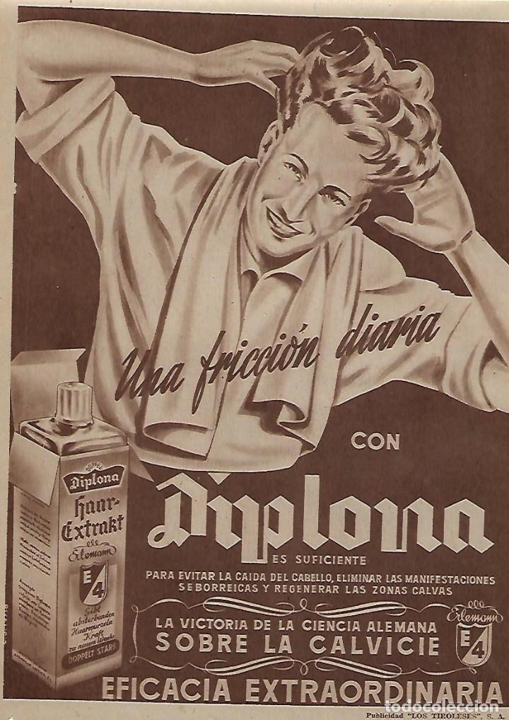 Collectionnisme: A&Ntilde;O 1954 RECORTE PRENSA PUBLICIDAD DIPLOMA FRICCION DIARIA CALVICIE CABELLO