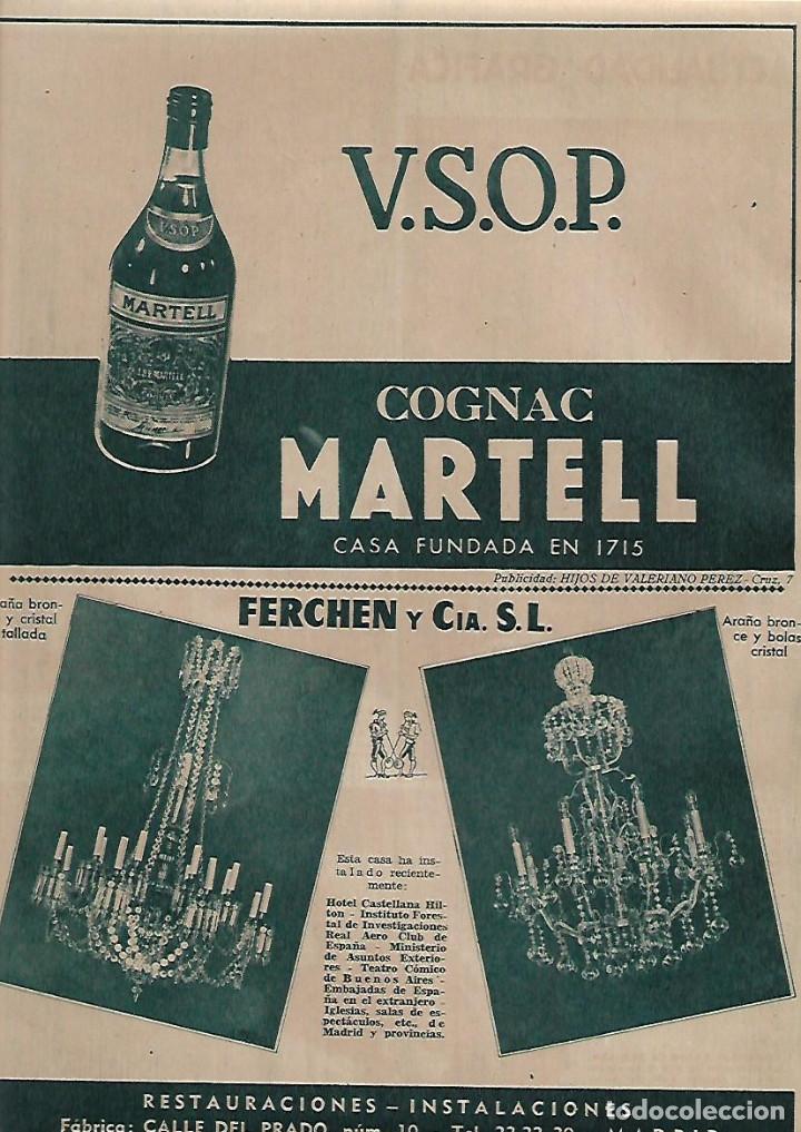 Collectionnisme: A&Ntilde;O 1954 RECORTE PRENSA PUBLICIDAD BEBIDAS COGNAC MARTELL CO&Ntilde;AC FERCHEN RESTAURACION LAMPARAS ARA&Ntilde;A