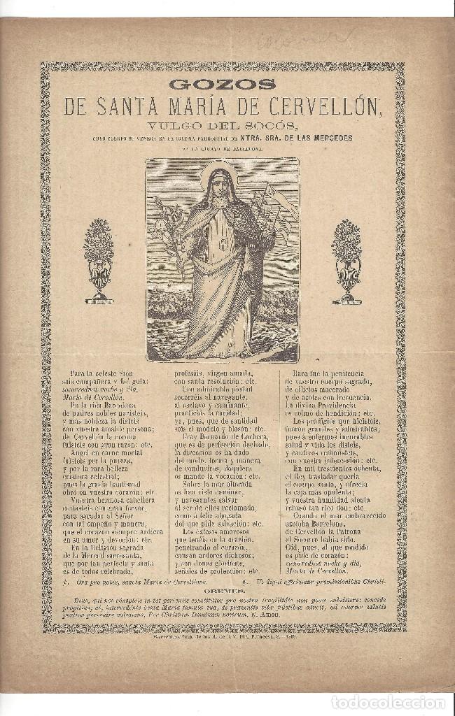 Coleccionismo: GOZOS.- SANTA MAR&Iacute;A DE CERVELL&Oacute;N. PARROQUIA NTRA. SRA. DE LAS MERCEDES. BARCELONA- 1899