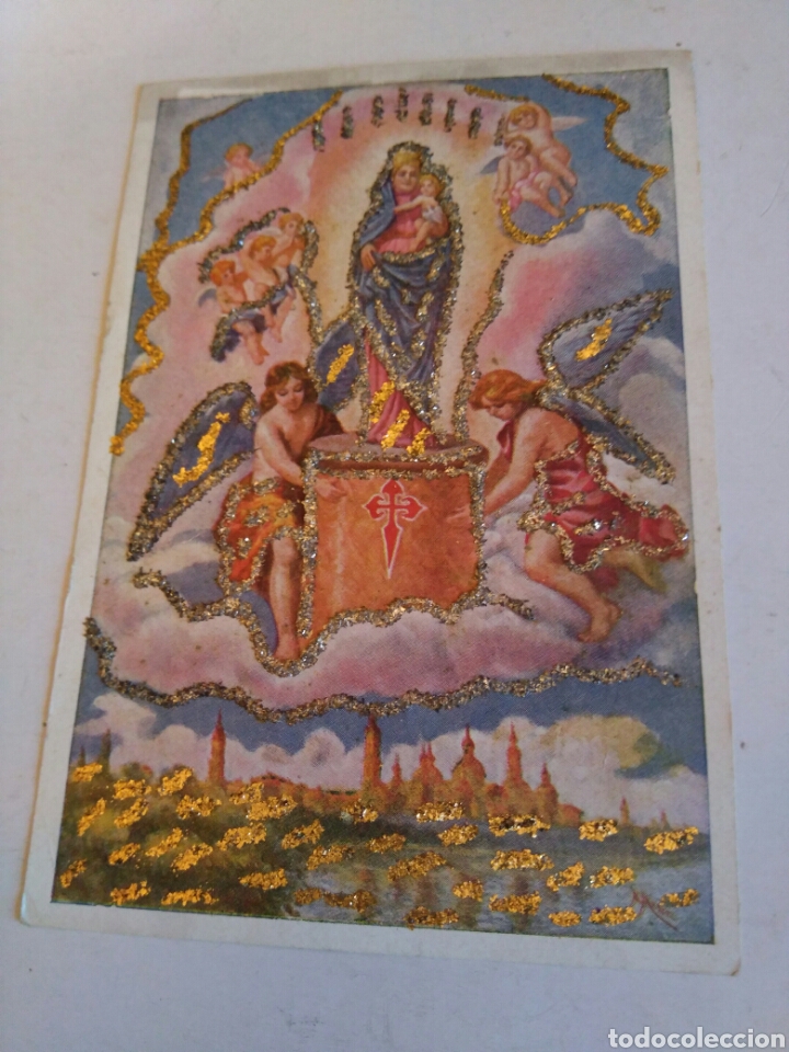 Coleccionismo: Postal Virgen del Pilar con Purpurina y Bas&iacute;lica