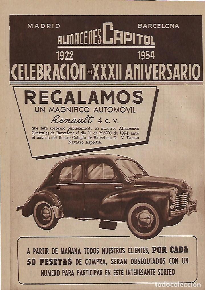 Coleccionismo: A&Ntilde;O 1954 RECORTE PRENSA PUBLICIDAD ANIVERSARIO ALMACENES CAPITOL REGALO COCHE RENAULT 4