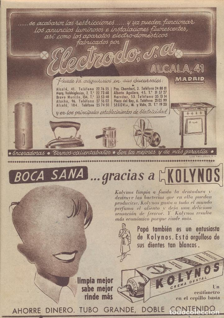 Collectionnisme: A&Ntilde;O 1954 RECORTE PRENSA ELECTRODOMESTICOS ELECTRODO S A CALLE ALCALA MADRID KOLYNOS CREMA DENTAL