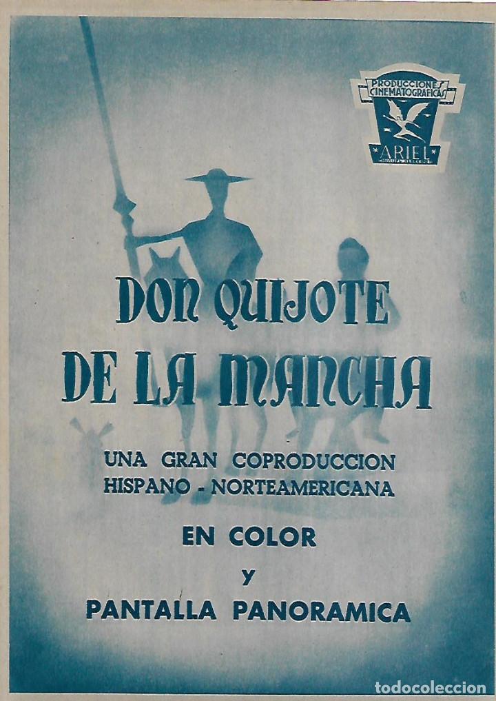 Colecionismo: A&Ntilde;O 1956  PUBLICIDAD CINE PELICULA DON QUIJOTE DE LA MANCHA PRODUCCIONES CINEMATOGRAFICAS ARIEL