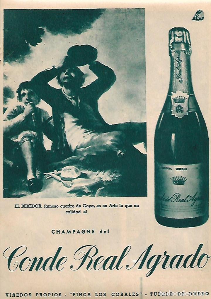 Collectionnisme: A&Ntilde;O 1958 RECORTE PRENSA PUBLICIDAD CHAMPAGNE CAVA CONDE REAL AGRADO FINCA LOS CORALES TUDELA DUERO
