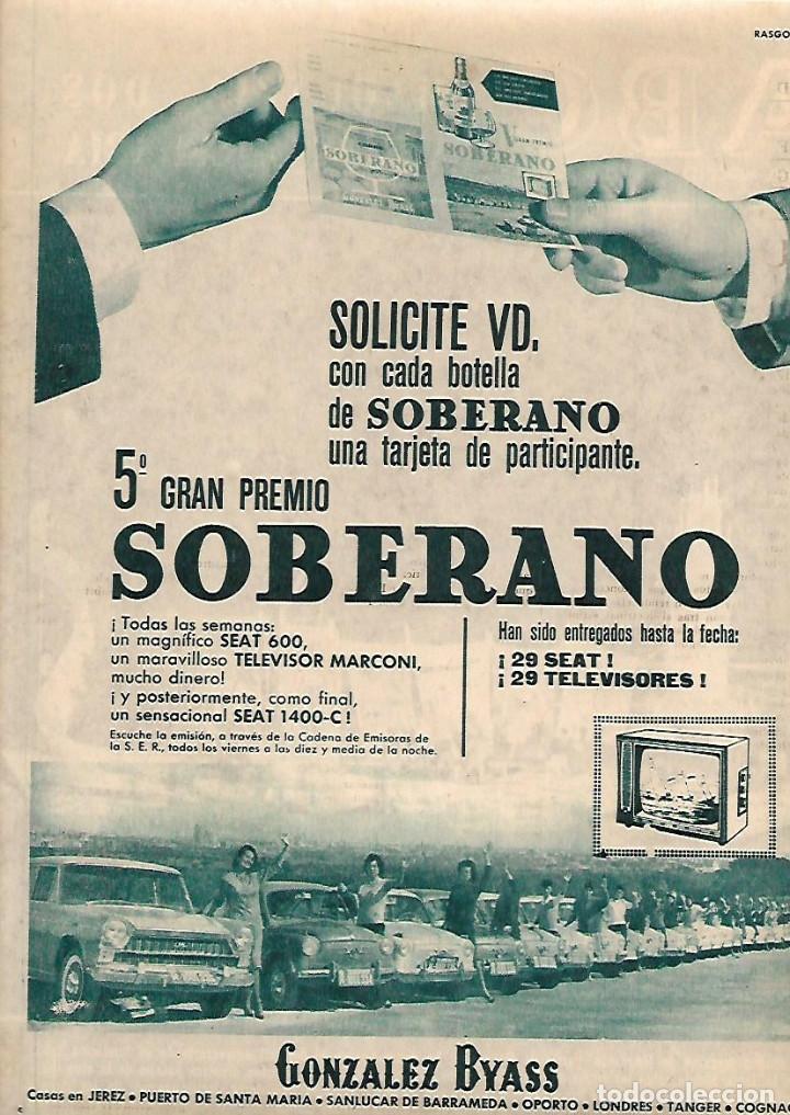 Collectionnisme: A&Ntilde;O 1962 RECORTE PRENSA PUBLICIDAD BEBIDAS SOBERANO 5&ordm; GRAN PREMIO CONCURSO GONZALEZ BYASS
