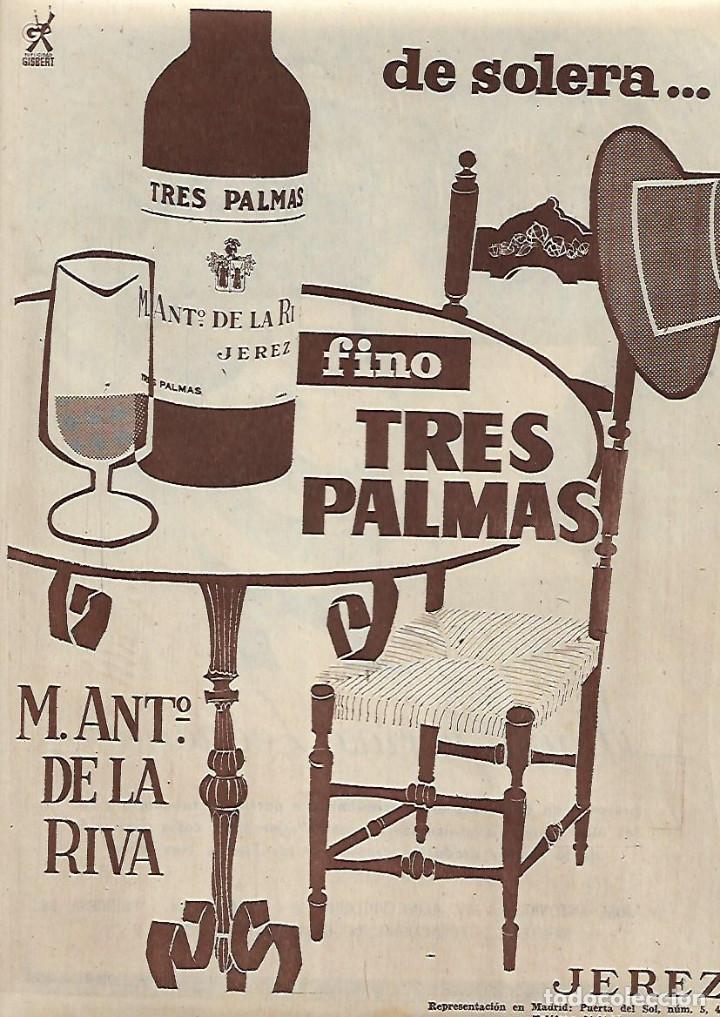 Collecting paper: A&Ntilde;O 1958 RECORTE PRENSA PUBLICIDAD BEBIDAS VINO FINO TRES PALMAS ANTONIO DE LA RIVA JEREZ