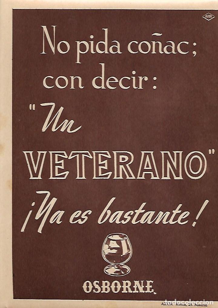 Collectionnisme: A&Ntilde;O 1958 RECORTE PRENSA PUBLICIDAD BEBIDAS CO&Ntilde;AC VETERANO OSBORNE