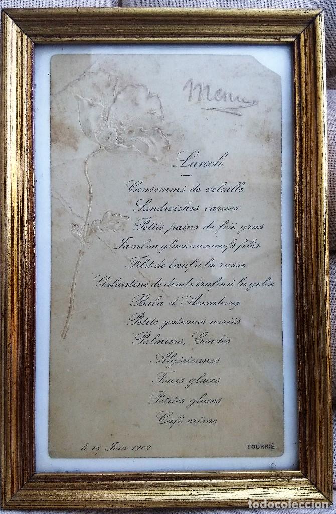 Coleccionismo: MEN&Uacute; FRANC&Eacute;S ENMARCADO, A&Ntilde;O 1909 - MEDIDA CON MARCO: 20x13 Cm.
