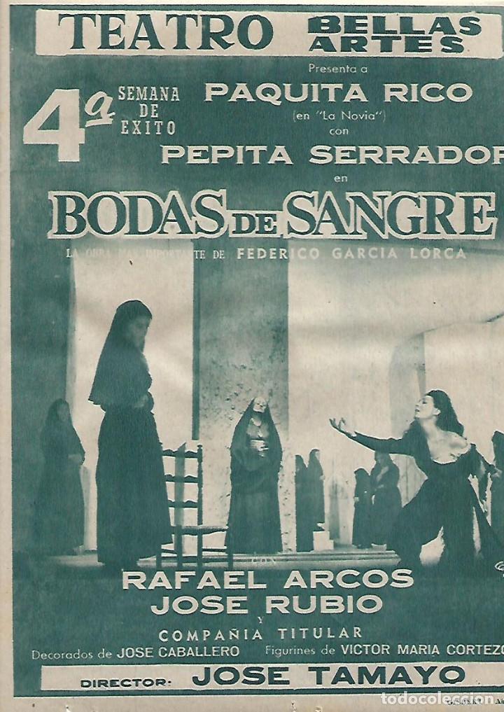 Coleccionismo: A&Ntilde;O 1962 RECORTE PRENSA PUBLICIDAD OBRA TEATRO BODAS DE SANGRE LORCA PAQUITA RICO BELLAS ARTES
