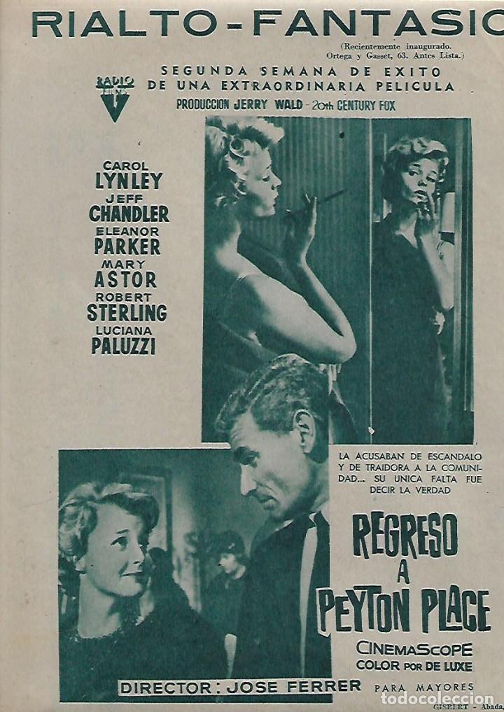 Collecting paper: A&Ntilde;O 1962 RECORTE PRENSA PUBLICIDAD CINE RIALTO FANTASIO PELICULA REGRESO A PEYTON PLACE JOSE FERRER