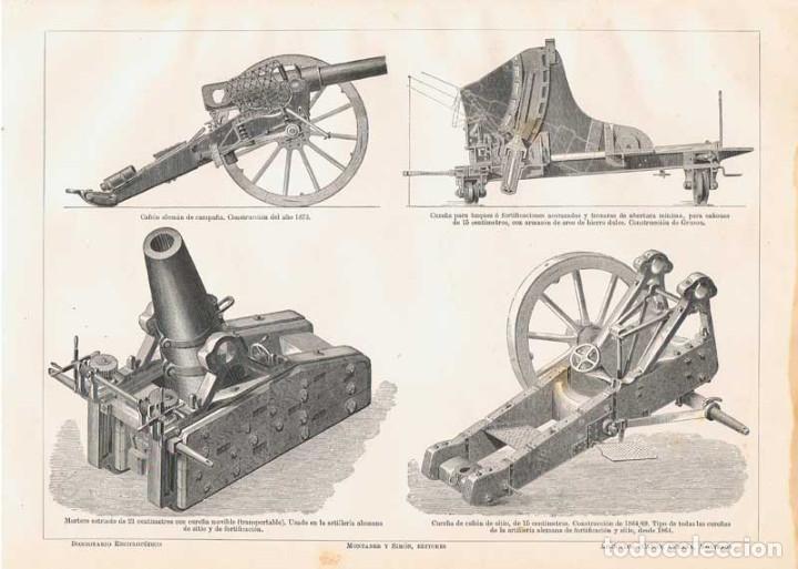 Coleccionismo: L&aacute;mina Ca&ntilde;&oacute;n, cure&ntilde;a, mortero. Diccionario Enciclop&eacute;dico Hispano-Americano 1888