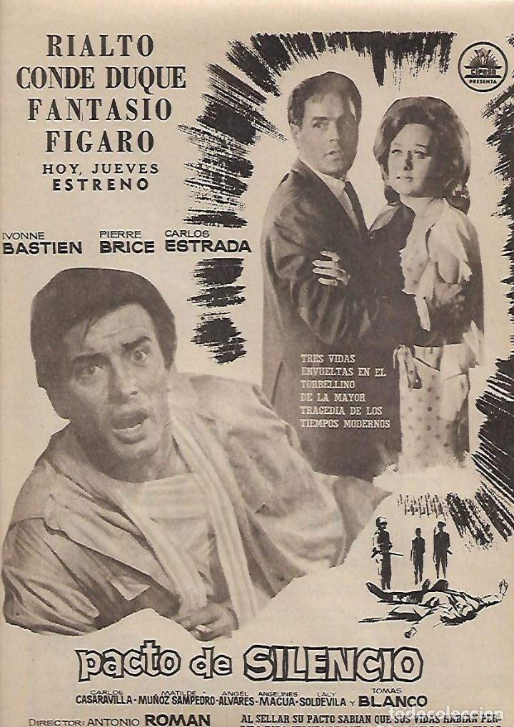 Colecionismo: A&Ntilde;O 1963 RECORTE PRENSA PUBLICIDAD CINE RIALTO PELICULA PACTO DE SILENCIO CARLOS ESTRADA