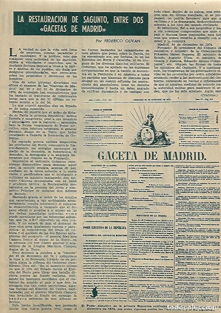 Coleccionismo: A&Ntilde;O 1958 RECORTE PRENSA LA RESTAURACION DE SAGUNTO ENTRE DOS GACETAS LA GACETA DE MADRID
