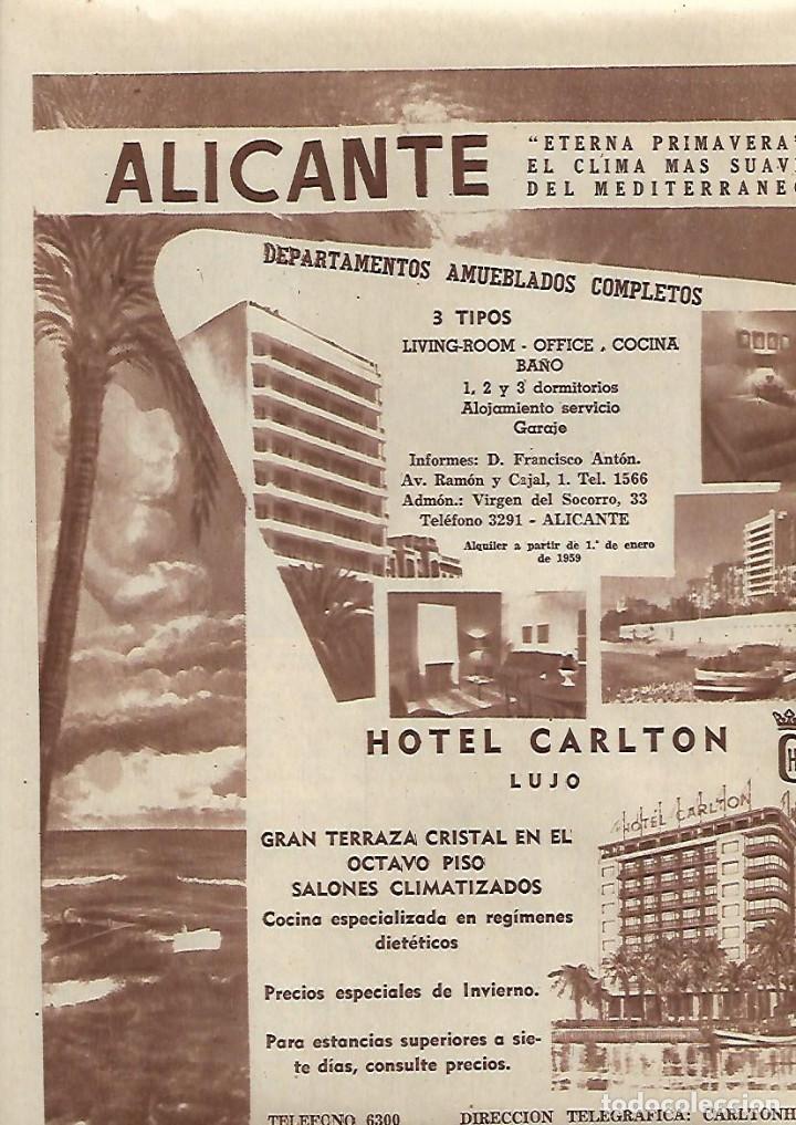 Coleccionismo: A&Ntilde;O 1958 RECORTE PRENSA PUBLICIDAD HOTEL CARLTON ALICANTE