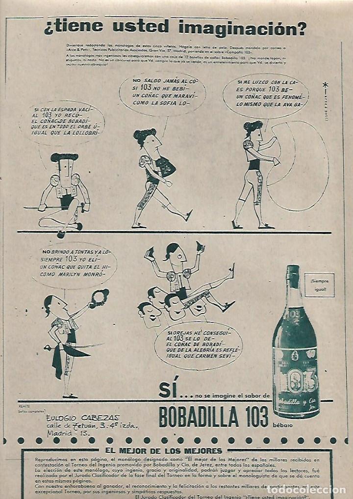 Coleccionismo: A&Ntilde;O 1961 RECORTE PRENSA PUBLICIDAD BEBIDAS CONCURSO BOBADILLA 103 EULOGIO CABEZAS MONOLOGO