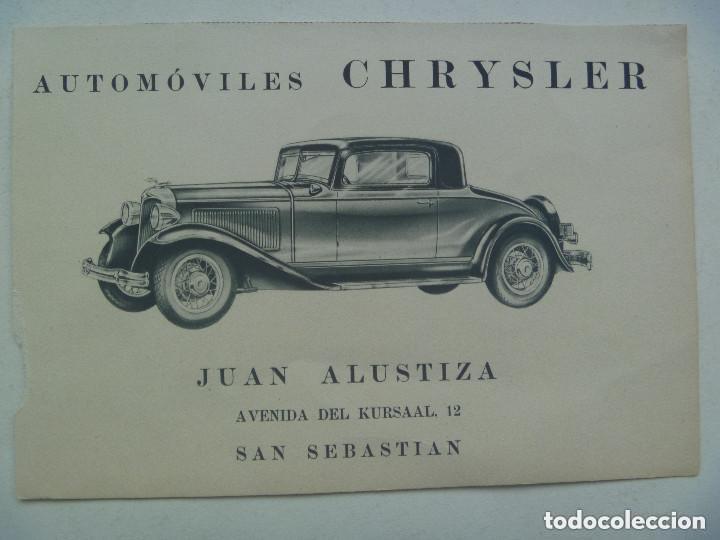 Coleccionismo: ANUNCIO DE AUTOMOVILES CHRYSLER . JUAN ALUSTIZA, SAN SEBASTIAN . A&Ntilde;OS 30