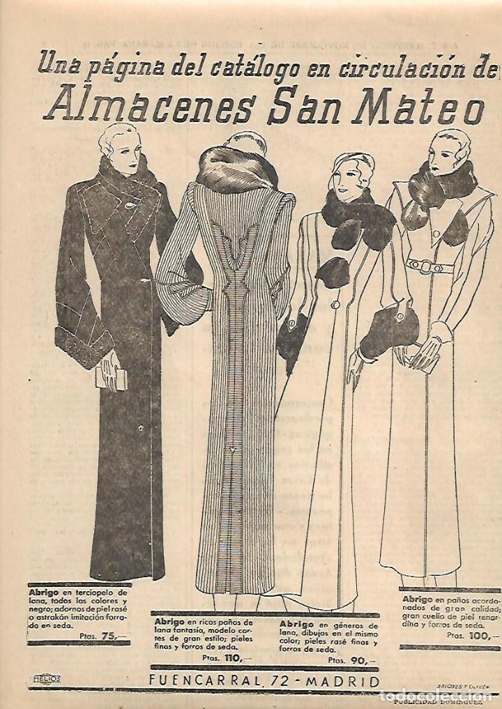 Collectionnisme: A&Ntilde;O 1933 RECORTE PRENSA PUBLICIDAD ALMACENES SAN MATEO ABRIGOS ROPA MODA